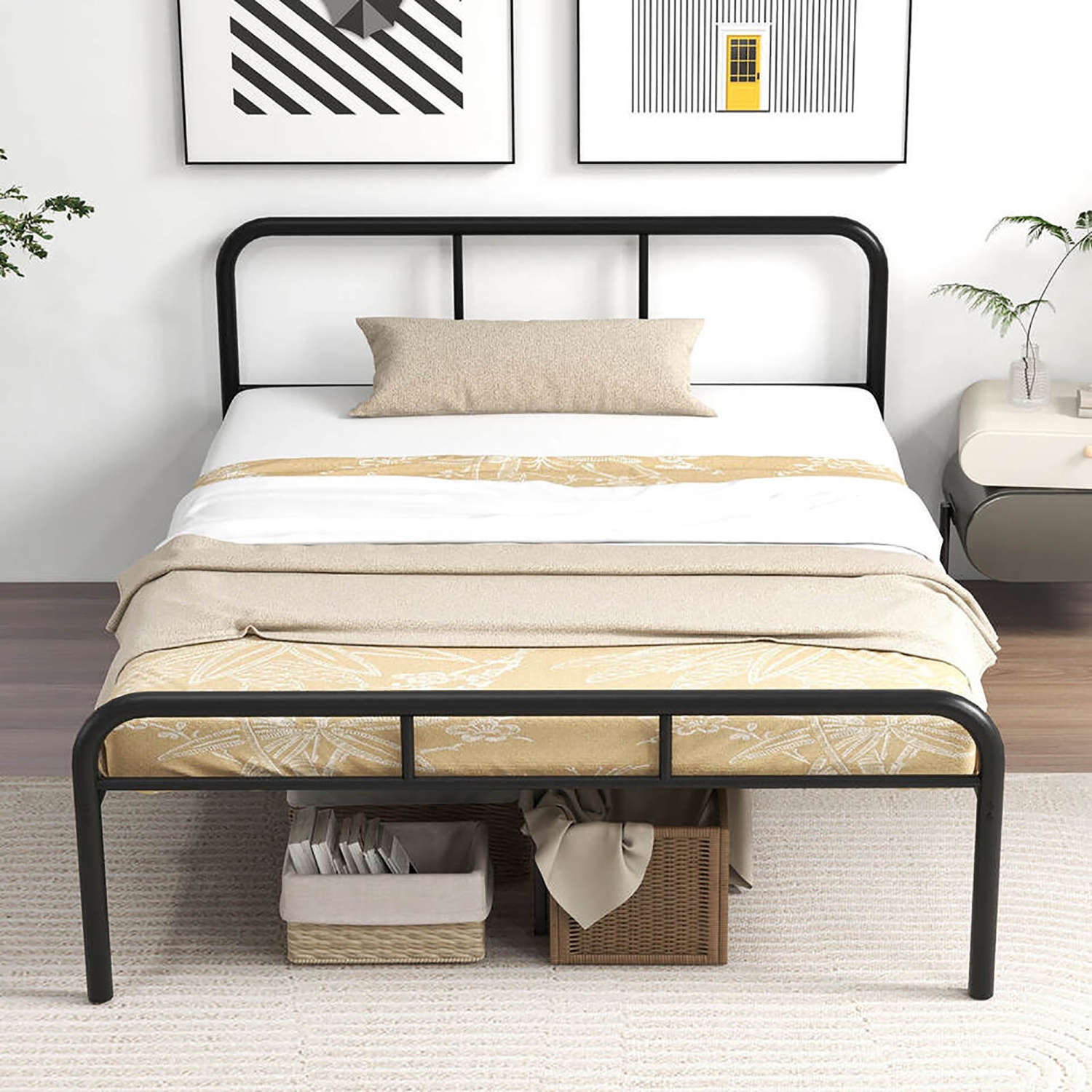 Gymax Full Size Bed Frame Metal Platform Bed Base w/ Headboard & Footboard Black
