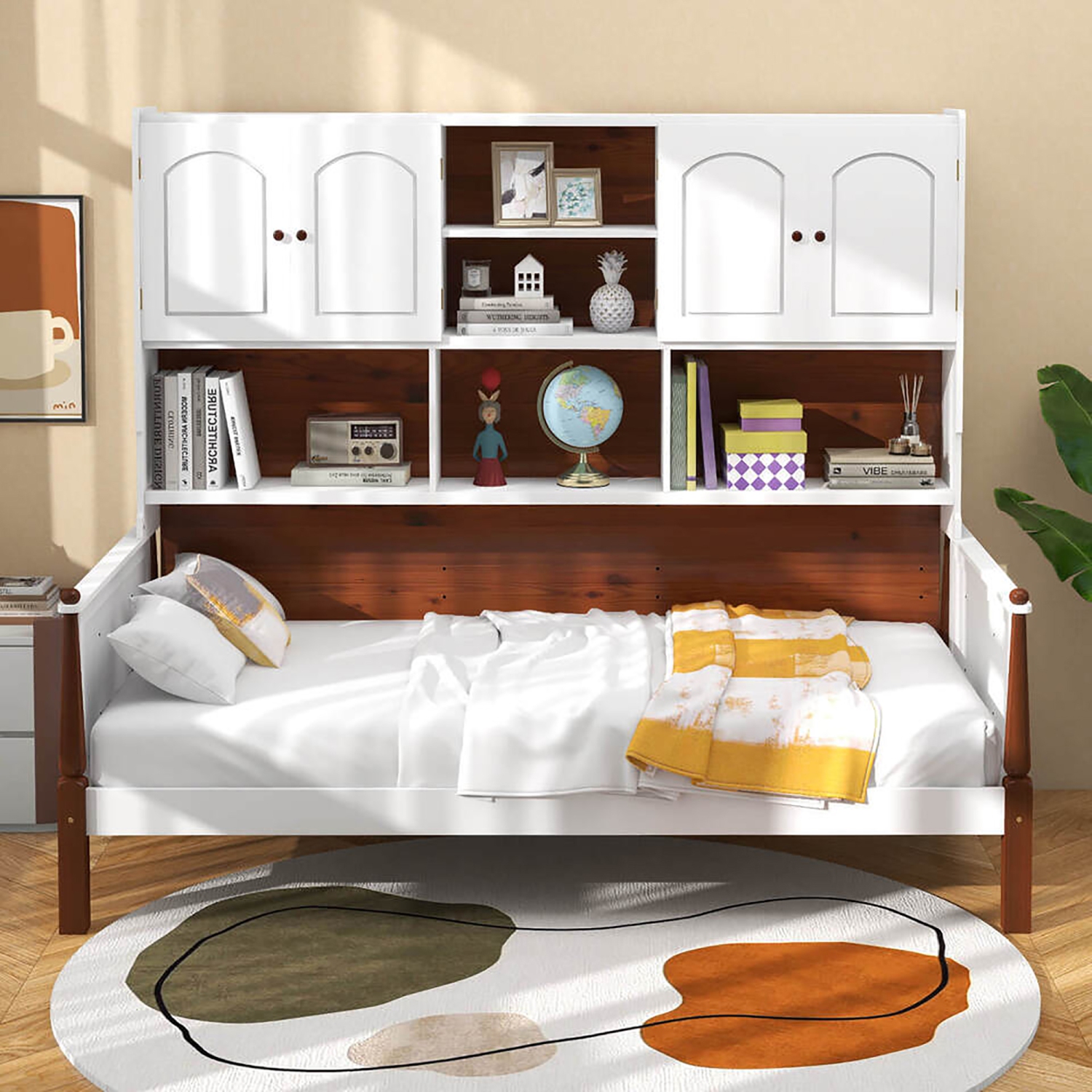 Gymax Twin Daybed w/ Bookcase Wooden Platform Bed w/ Shelves & Cabinets White & Brown