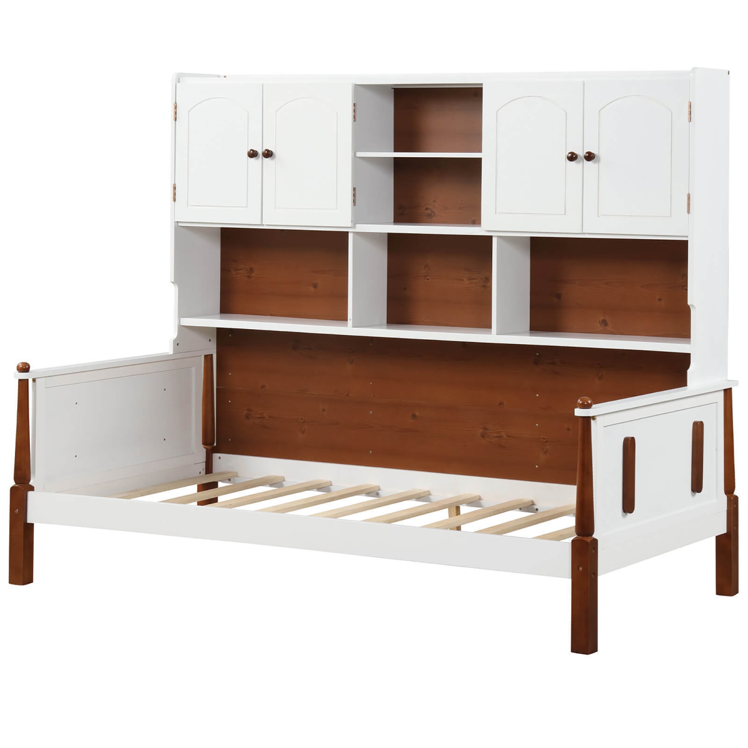 Gymax Twin Daybed w/ Bookcase Wooden Platform Bed w/ Shelves & Cabinets White & Brown