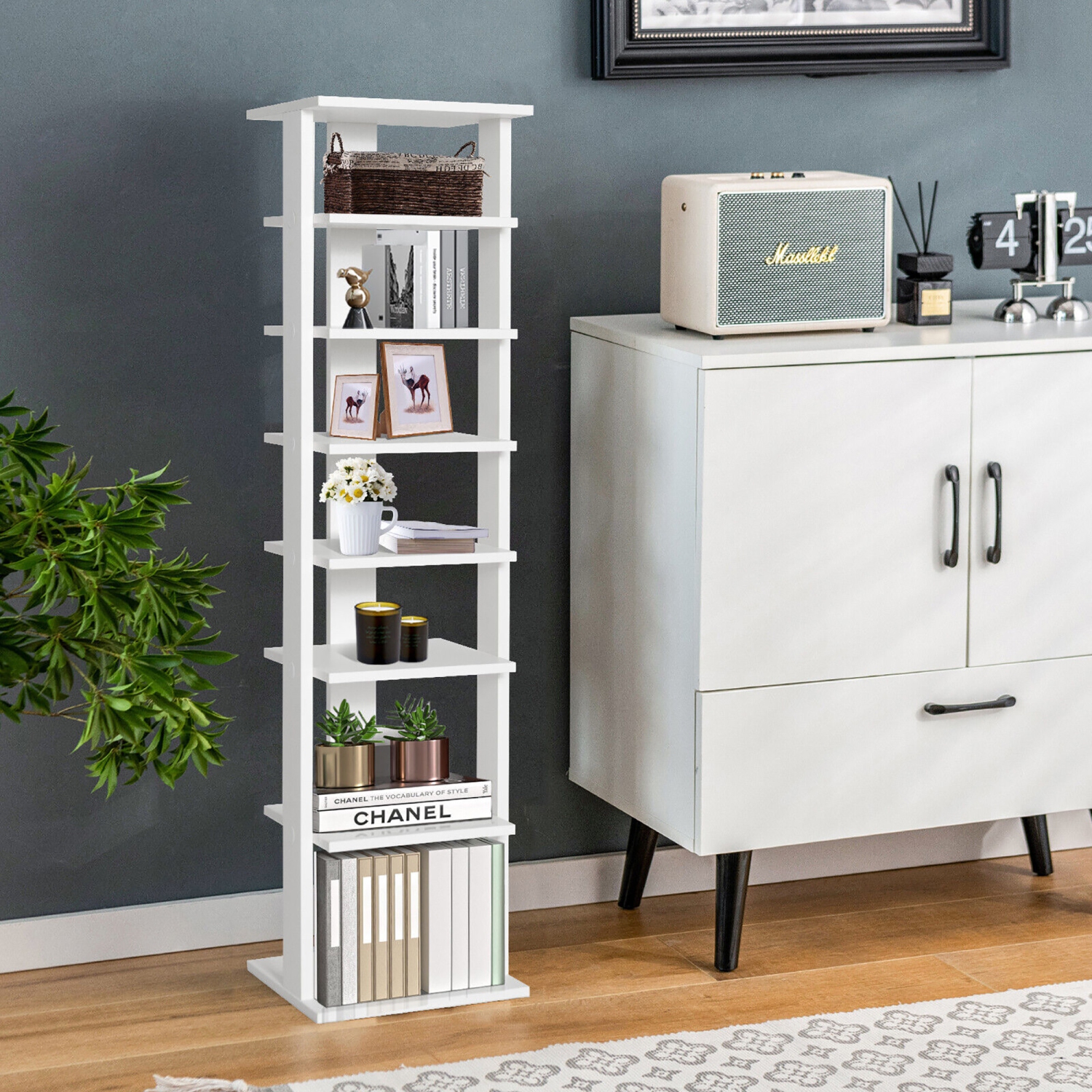 Gymax 7-Tier Wooden Shoe Rack Narrow Vertical Shoe Stand Storage Display Shelf White