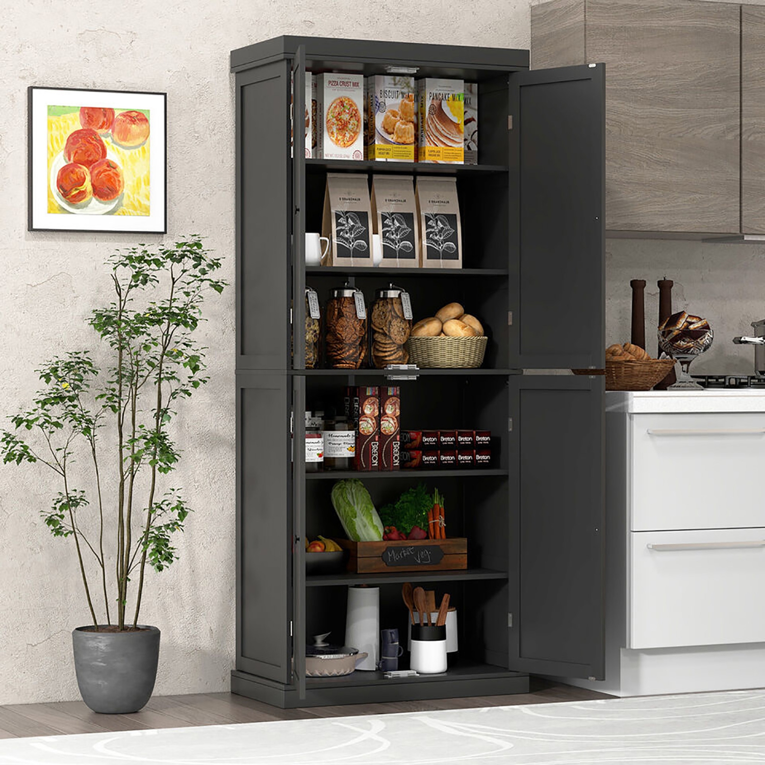 Gymax 72.5'' Kitchen Pantry w/4 Door 6-Tier Shelves Freestanding Modern Storage