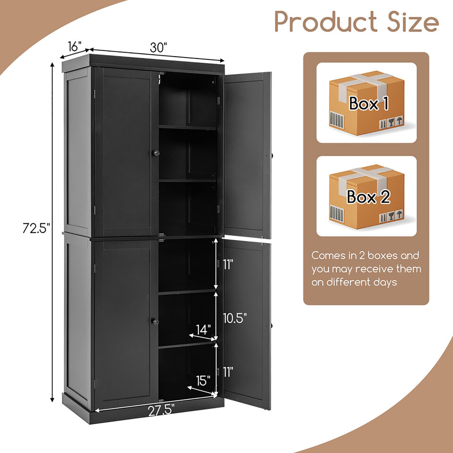 Gymax 72.5'' Kitchen Pantry w/4 Door 6-Tier Shelves Freestanding Modern Storage
