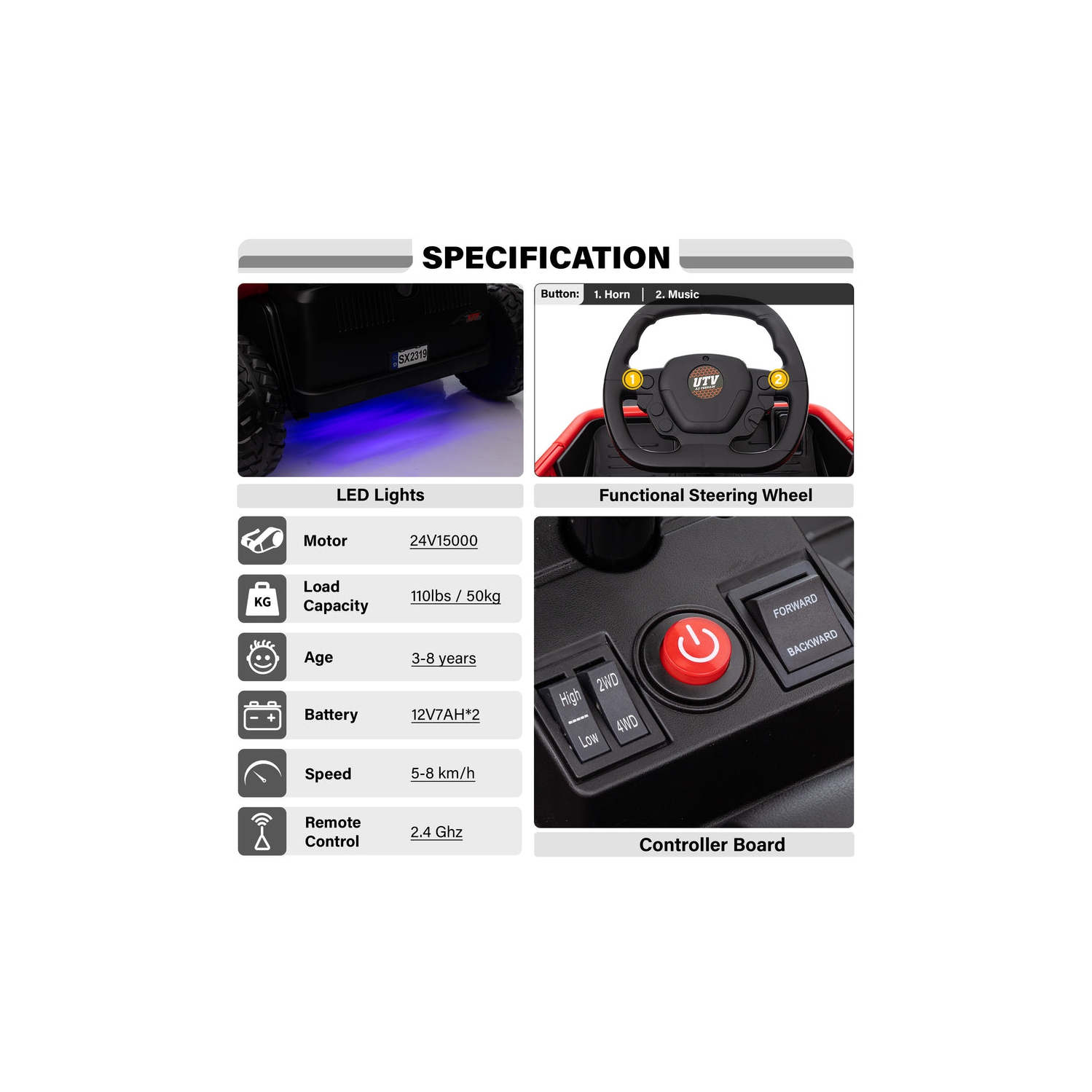 6 Wheel UTV 24V Ride on Car with Remote Control, 4WD, EVA Tires