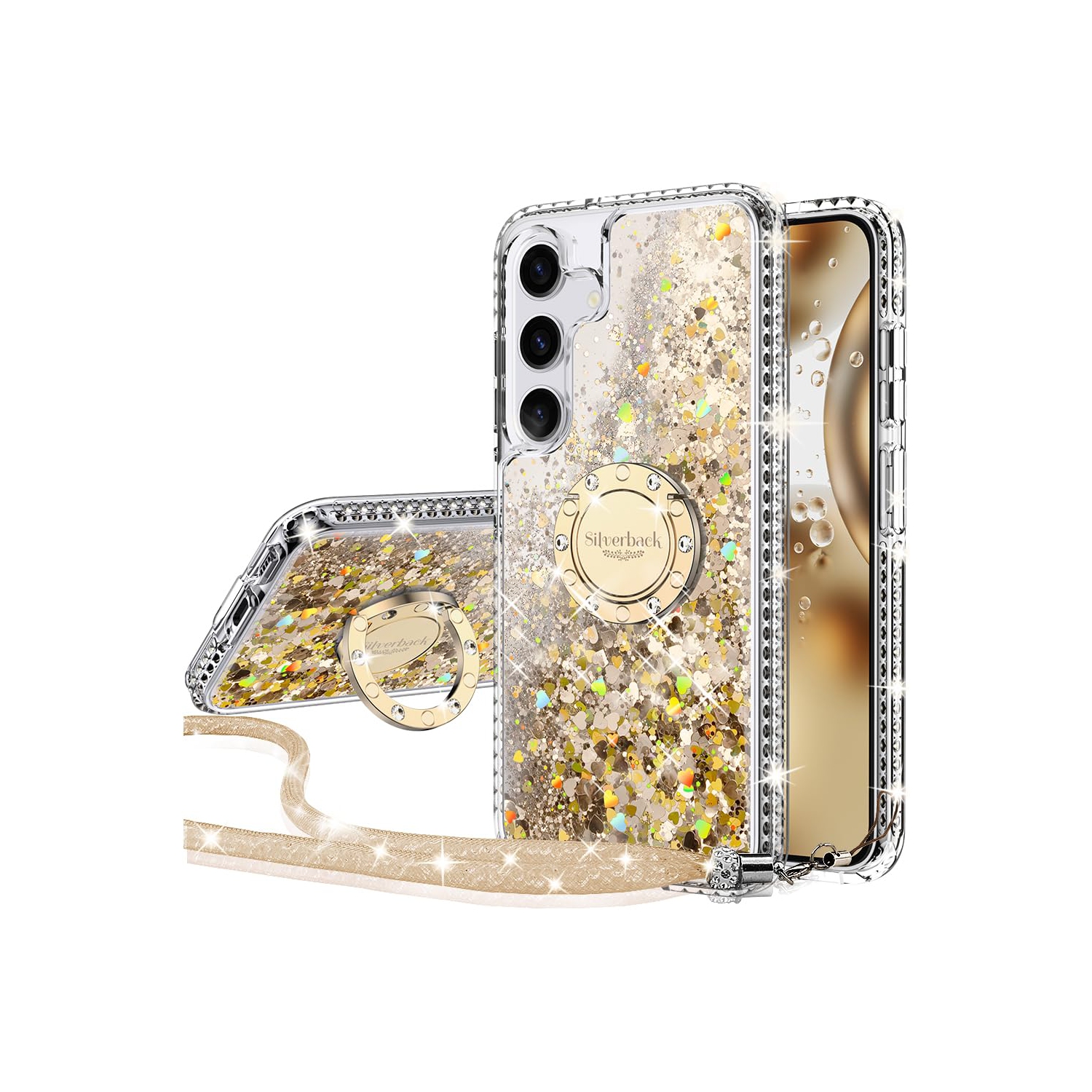 Samsung Galaxy S24 Case with Ring, Women Girls Bling Holographic Sparkle Glitter Cute Cover Ring Protective Phone Case for Galaxy S24 - Clear Gold