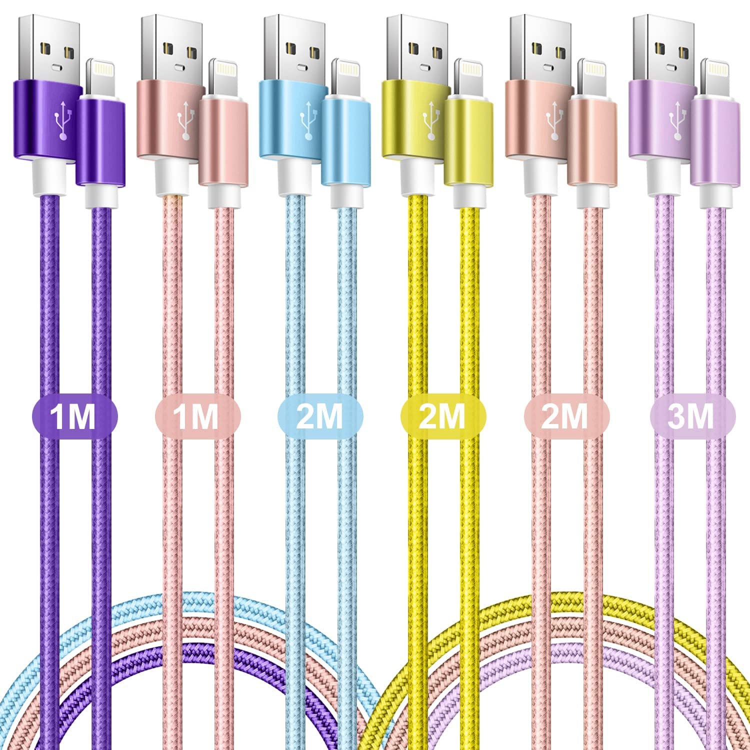 Nylon Braided iPhone Charger Cable, 6pack (3/3/6/6/6/10ft) iPhone Charger Cord, MFi Certified Lightning Cable, for iPhone 14 13 12 11 Pro Max XS XR X 8 7 6 iPad iPod
