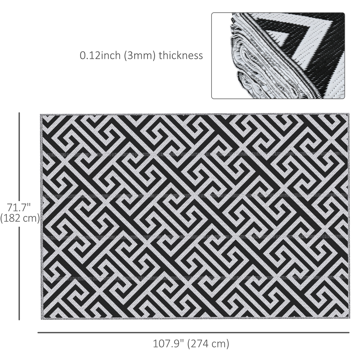 Outsunny Reversible Outdoor RV Rug, 6' x 9' Patio Floor Mat, Plastic Straw Rug for Backyard, Deck, Picnic, Beach, Camping, Black and White