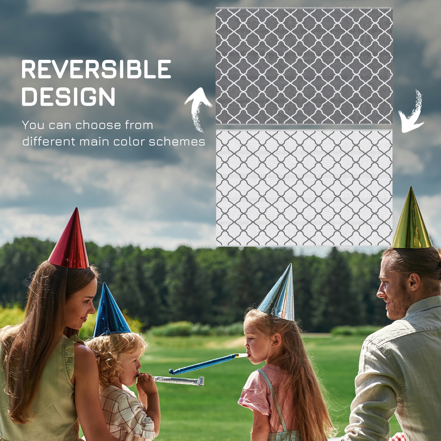 Outsunny Portable Outdoor Rug, 6' x 9' Reversible Mat, Waterproof Plastic Straw RV Rug for Backyard, Deck, Picnic, Beach, Camping, Grey & White Net