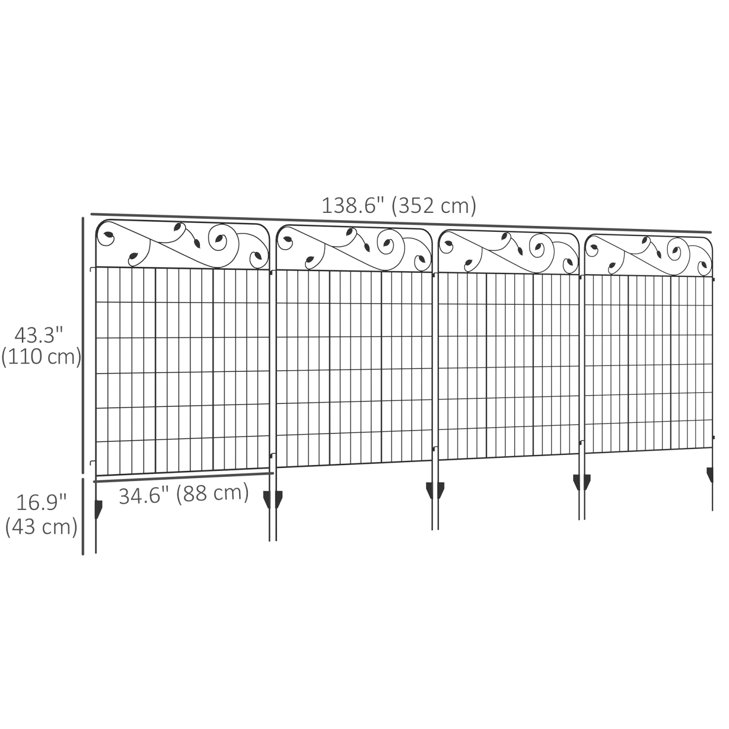 Outsunny Garden Fence, 4 Pack Metal Fence Panels, 11.5' Decorative Border Flower Edging for Yard, Landscape, Patio, Outdoor Decor, 43" H, Square Vines