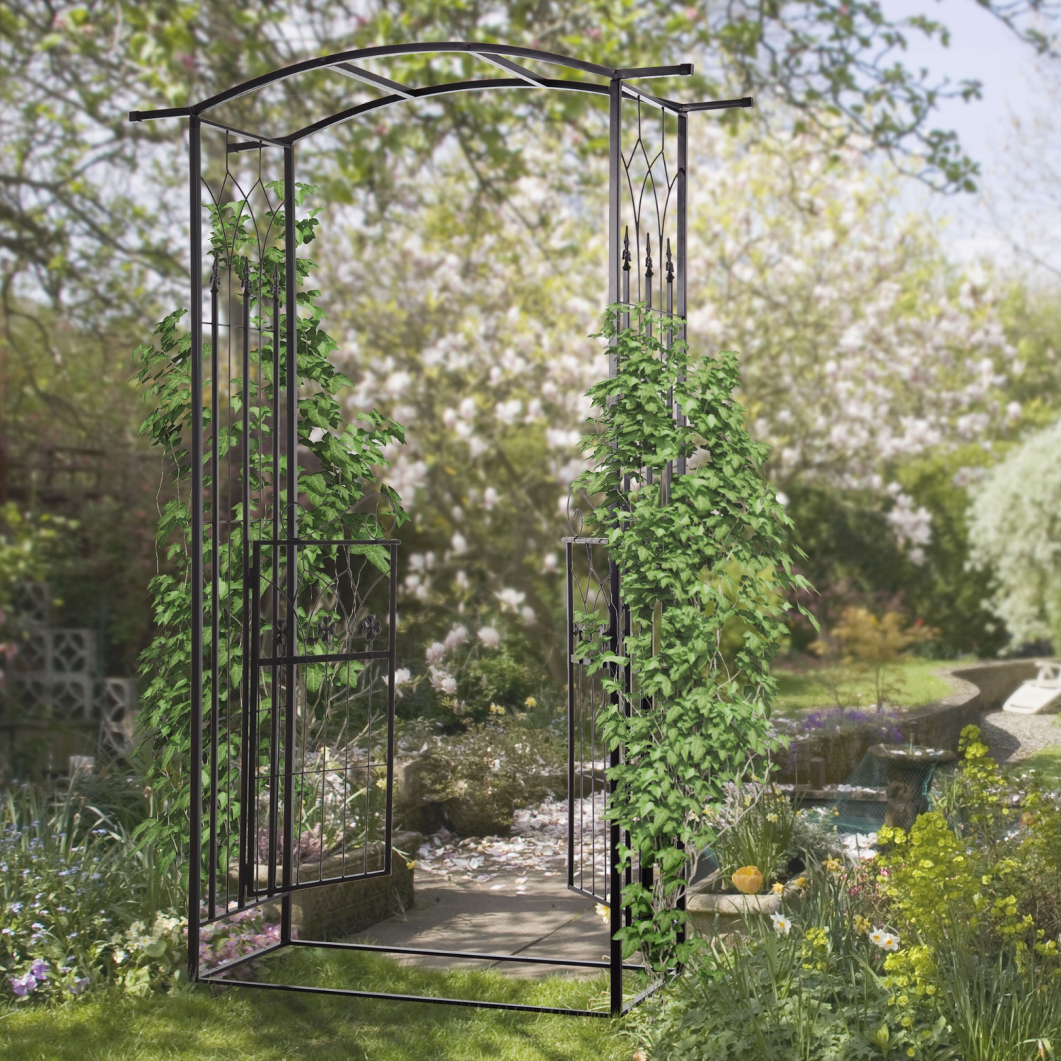 Outsunny 7' Metal Garden Arch with Gate, Outdoor Trellis Arbor Backdrop Stand with Lucky Leaf Clover Doors, for Ceremony, Weddings, Party, Garden,