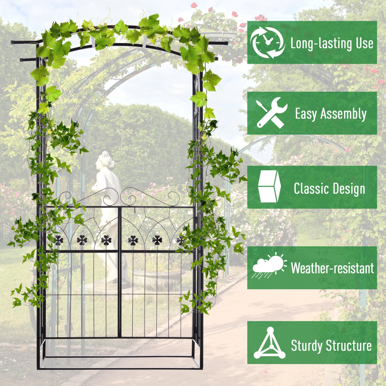 Outsunny 7' Metal Garden Arch with Gate, Outdoor Trellis Arbor Backdrop Stand with Lucky Leaf Clover Doors, for Ceremony, Weddings, Party, Garden,