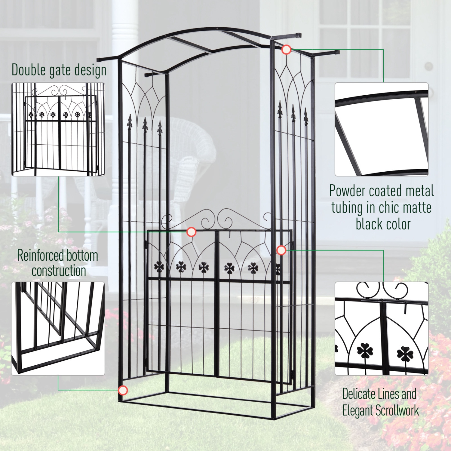 Outsunny 7' Metal Garden Arch with Gate, Outdoor Trellis Arbor Backdrop Stand with Lucky Leaf Clover Doors, for Ceremony, Weddings, Party, Garden,