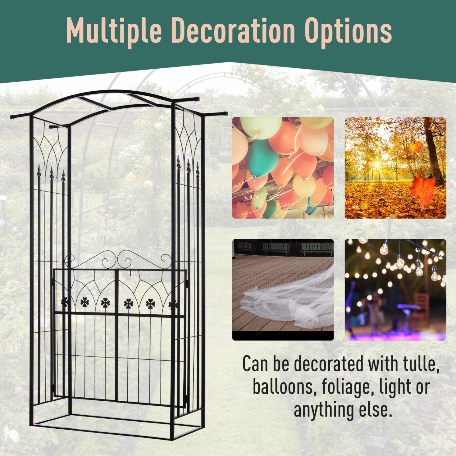 Outsunny 7' Metal Garden Arch with Gate, Outdoor Trellis Arbor Backdrop Stand with Lucky Leaf Clover Doors, for Ceremony, Weddings, Party, Garden,