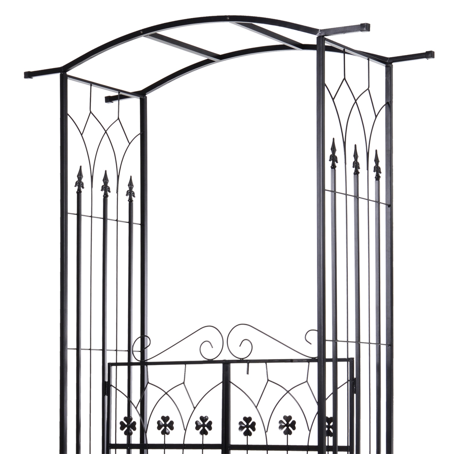Outsunny 7' Metal Garden Arch with Gate, Outdoor Trellis Arbor Backdrop Stand with Lucky Leaf Clover Doors, for Ceremony, Weddings, Party, Garden,