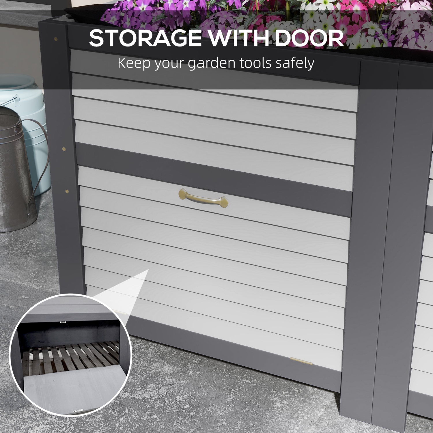 Outsunny Wooden Raised Garden Bed with Storage, Doors and Bed Liner, 59" x 30" x 29.5" Elevated Planter Box for Vegetables, Flowers, Herbs, Grey