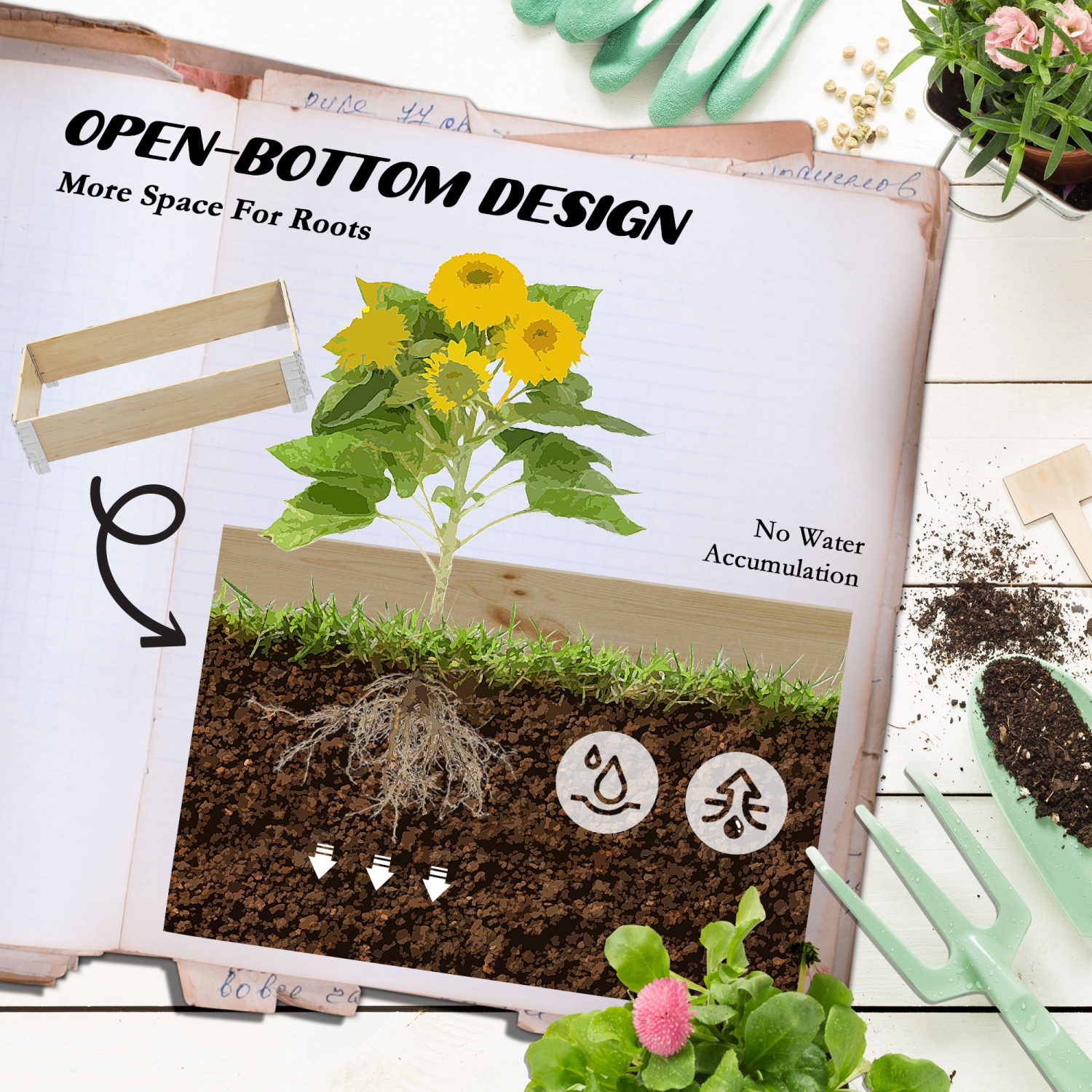 Outsunny Wooden Raised Garden Bed Kit with Open Bottom, 45.3" x 23.6" x 7.9" Foldable Outdoor Elevated Planter Box for Vegetables, Flowers, Fruits,