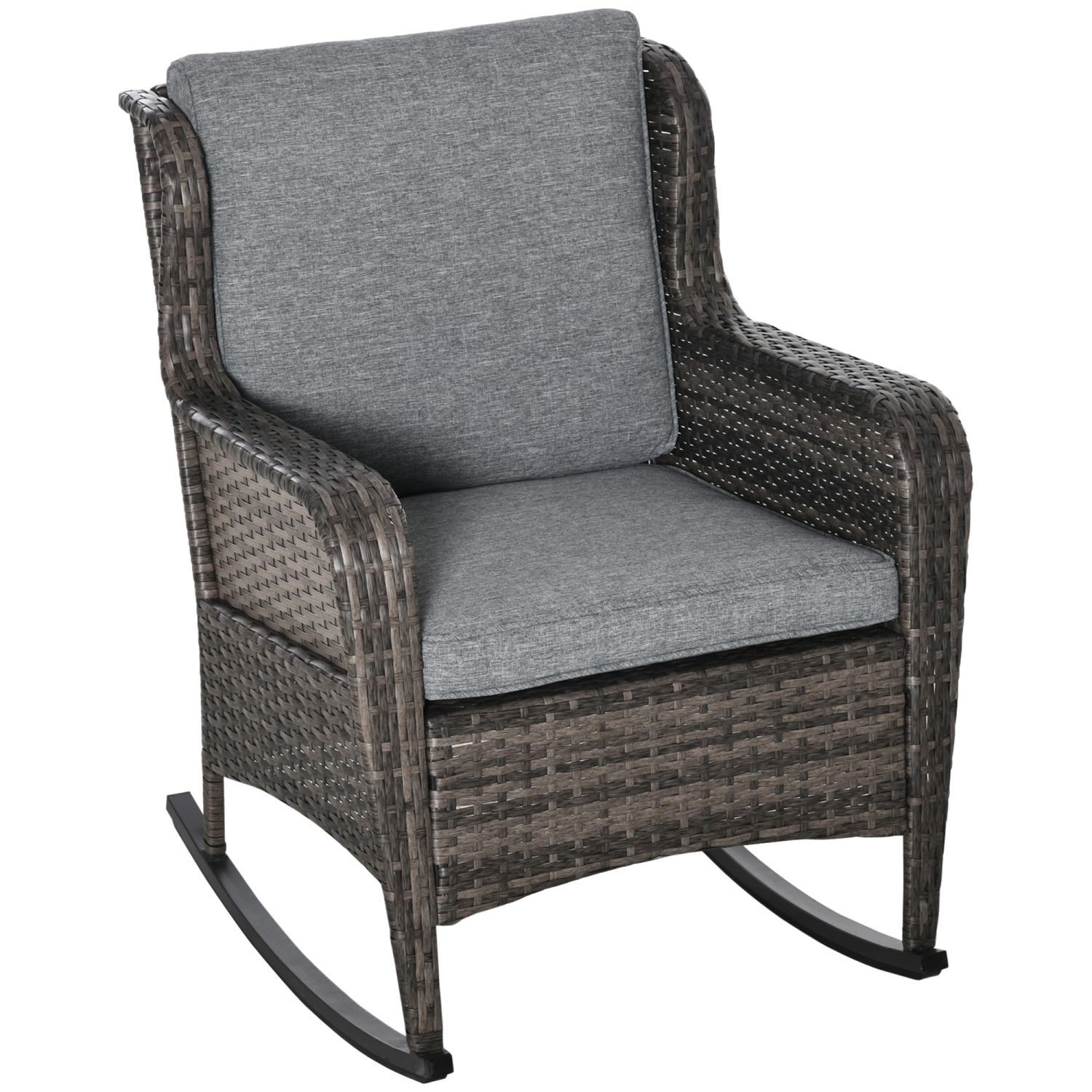 Outsunny Rattan Outdoor Rocking Chair, PE Wicker Patio Chair with Wide Seat and Cushions, Outdoor Rocker with Steel Frame for Patio, Garden,
