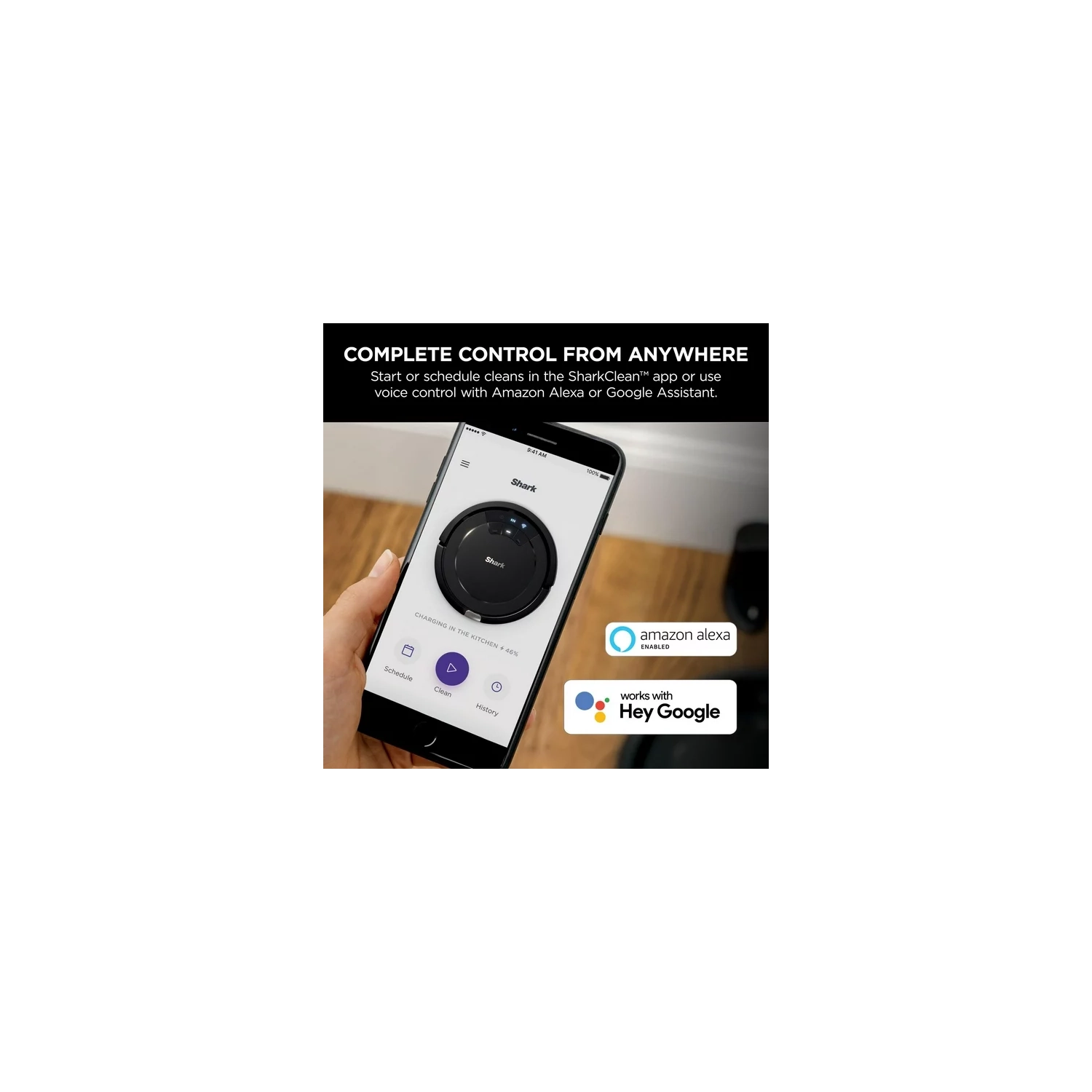 Aspirateur robot ION de Shark, connectivité Wi-Fi, compatible avec l'Assistant Google, nettoyage multisurface, tapis, planchers durs, noir - RV754CA