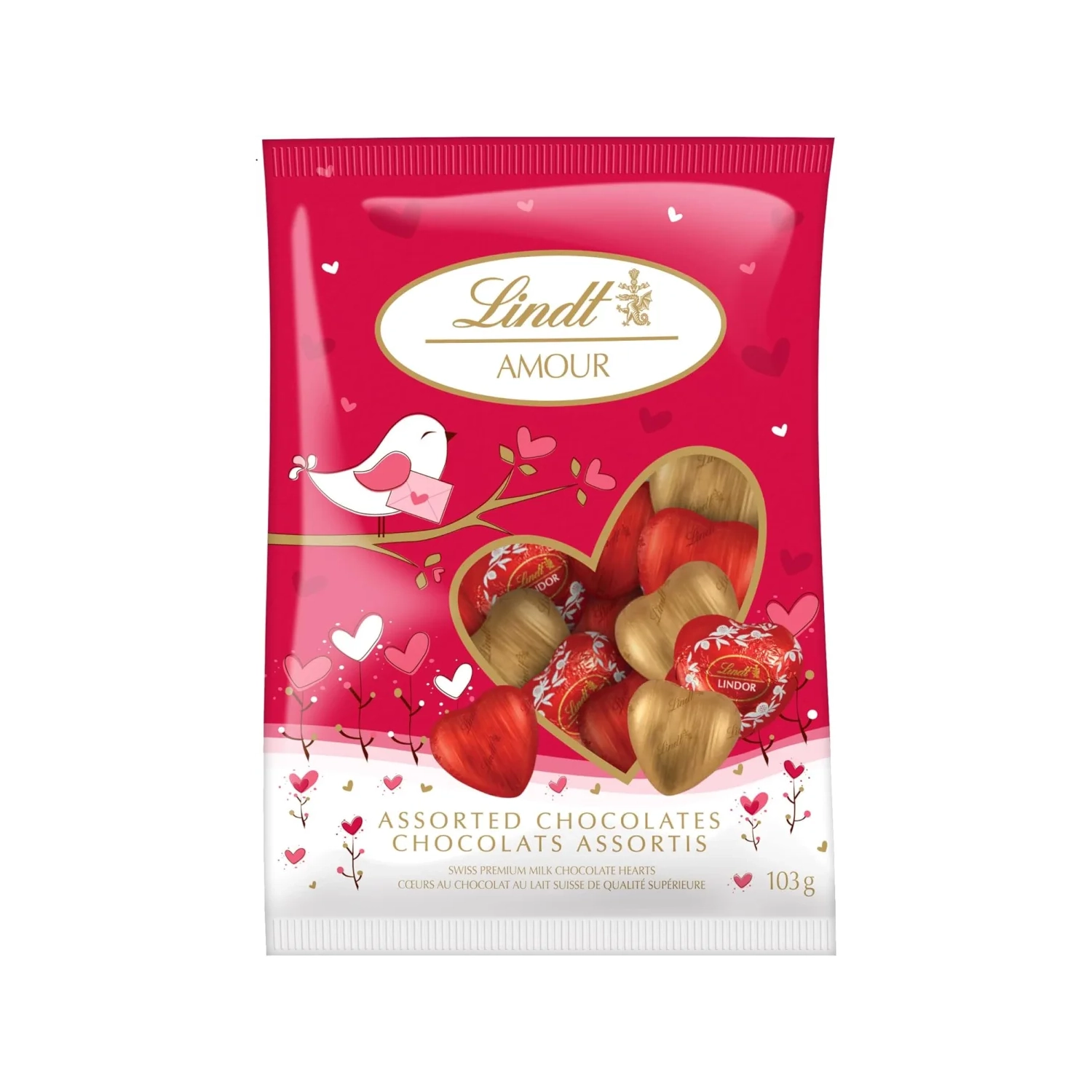 Coeurs de chocolat au lait assortis Lindt Amour - irrésistible sac de 103&nbsp;g chocolats délicieux