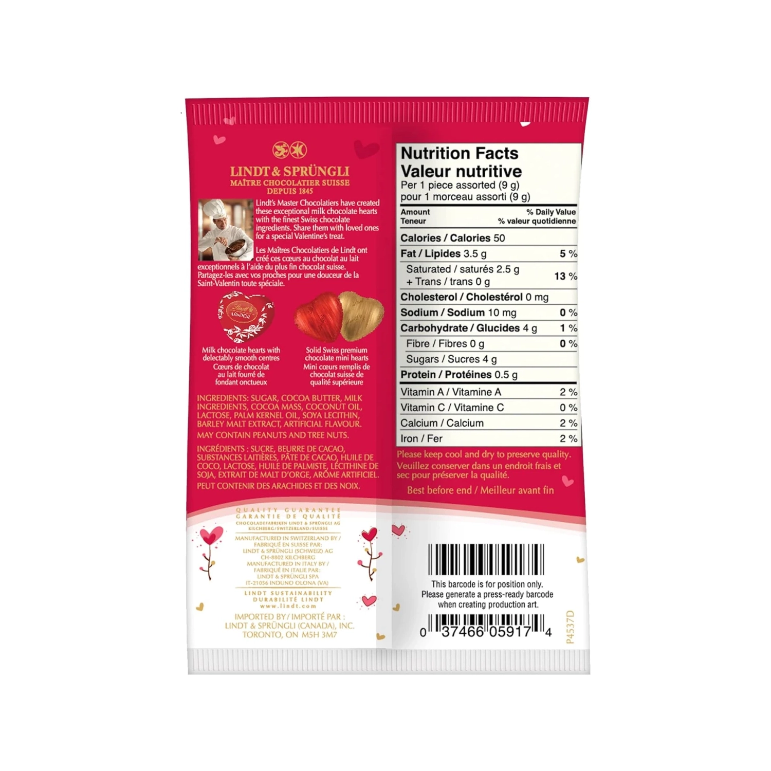 Coeurs de chocolat au lait assortis Lindt Amour - irrésistible sac de 103&nbsp;g chocolats délicieux