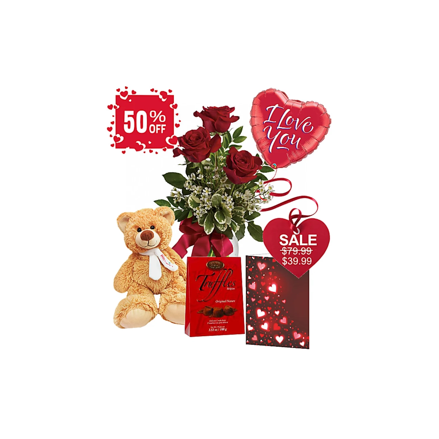 Valentine's Bliss: Super 'LOVE' Combo - 3 Long Stem Roses, Teddy Bear, Truffles, 'I Love You' Balloon, Full-Size Love Card! Perfect Valentine's Day