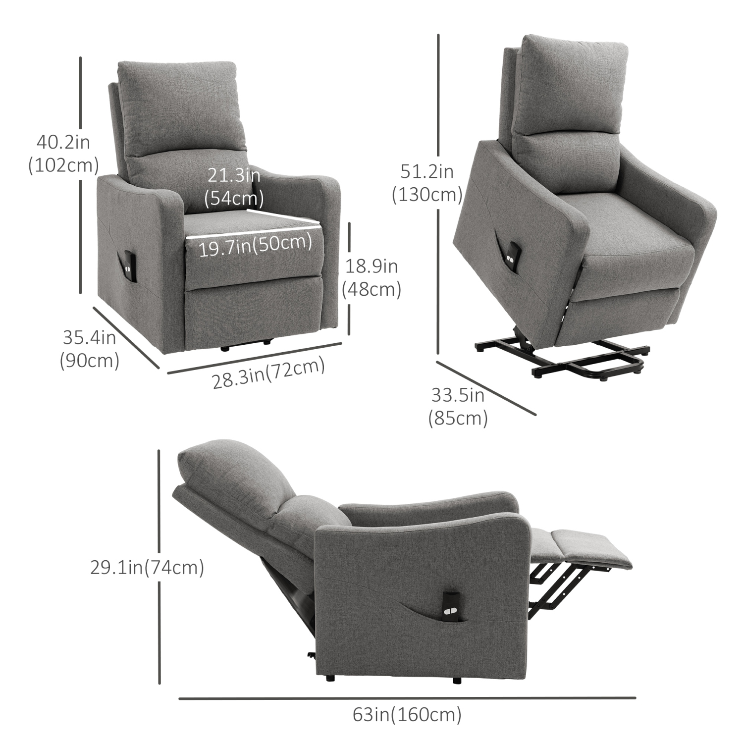 Fauteuil inclinable électrique en tissu pour personnes âgées de HOMCOM avec repose-pieds pour salon avec télécommande, pochette latérale, gris