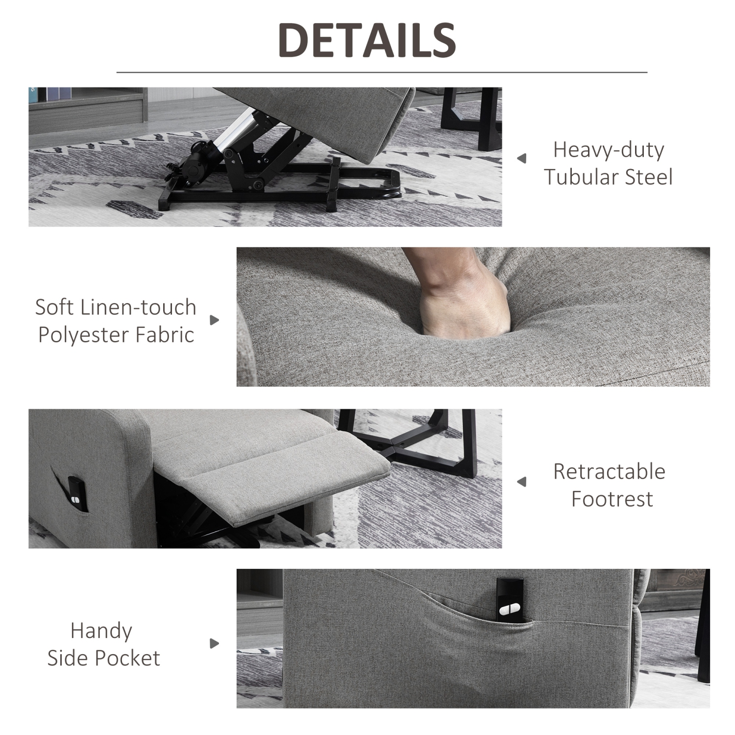 Fauteuil inclinable électrique en tissu pour personnes âgées de HOMCOM avec repose-pieds pour salon avec télécommande, pochette latérale, gris
