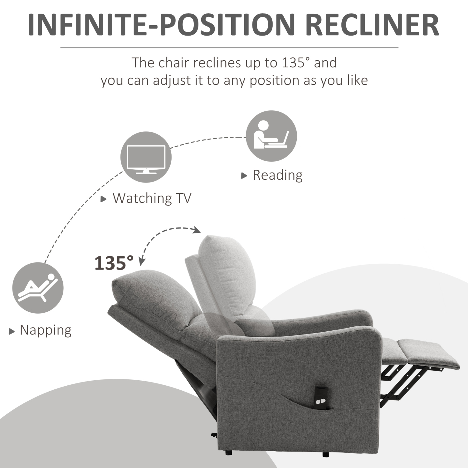 Fauteuil inclinable électrique en tissu pour personnes âgées de HOMCOM avec repose-pieds pour salon avec télécommande, pochette latérale, gris