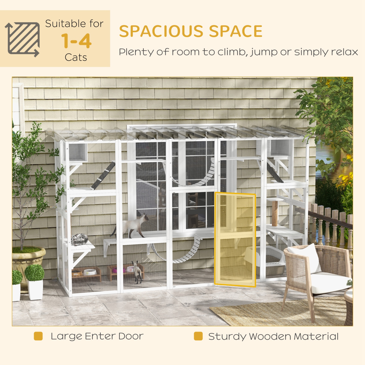 PawHut Catio, Large Outdoor Cat Enclosure with Cat Condos, Platforms, Ladders, Doors, Weather-Resistant Roof, Wooden Cat Cage for 1-4 Cats, White