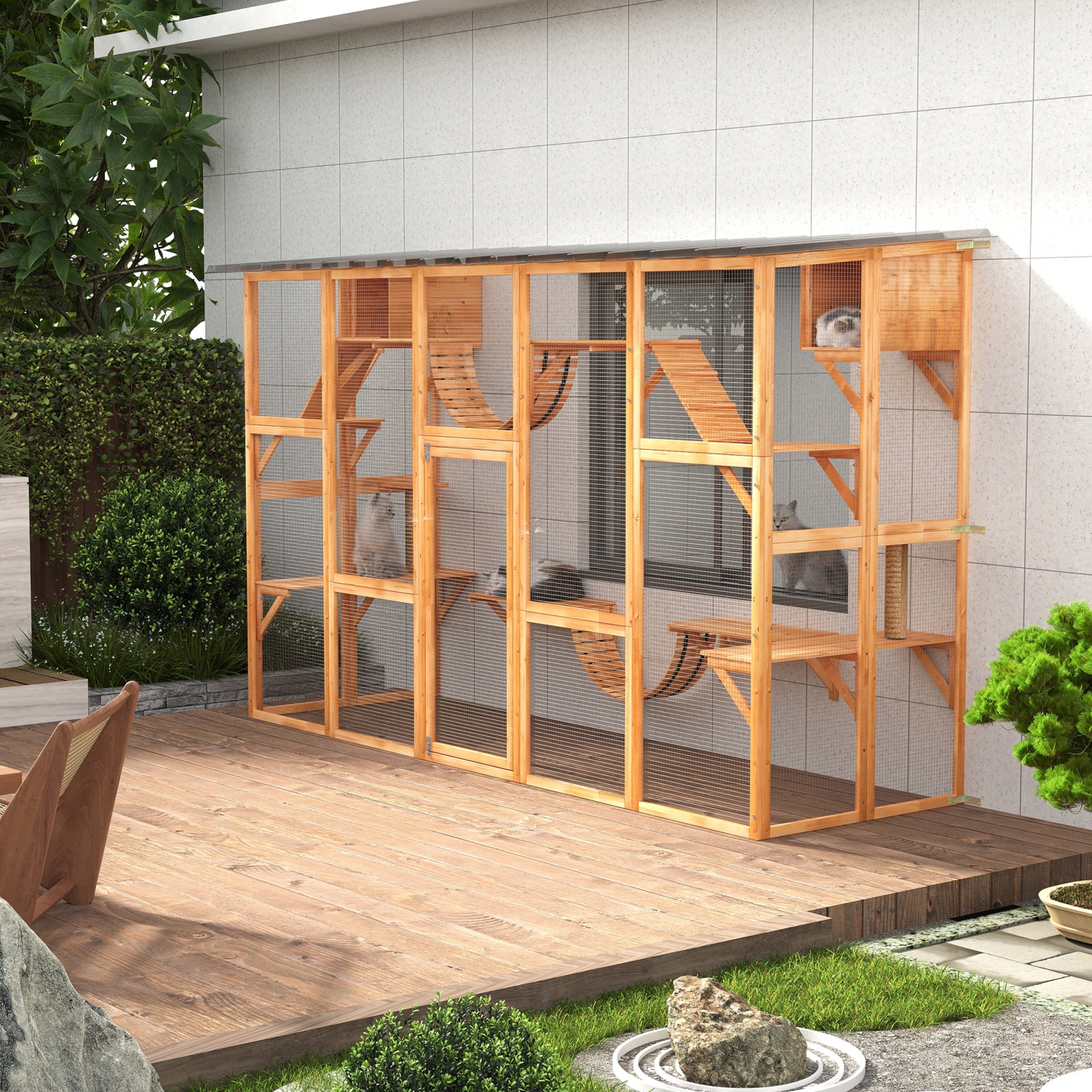 PawHut Catio, Large Outdoor Cat Enclosure with Cat Condos, Platforms, Ladders, Doors, Weather-Resistant Roof, Wooden Cat Cage for 1-4 Cats, Orange