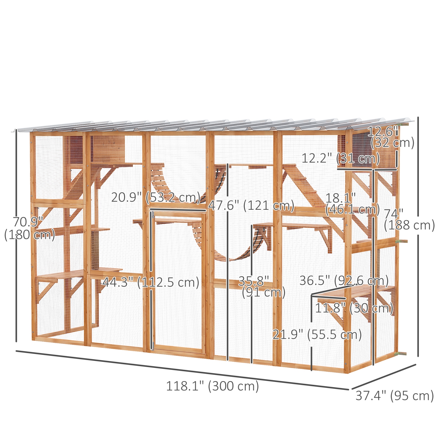 PawHut Catio, Large Outdoor Cat Enclosure with Cat Condos, Platforms, Ladders, Doors, Weather-Resistant Roof, Wooden Cat Cage for 1-4 Cats, Orange