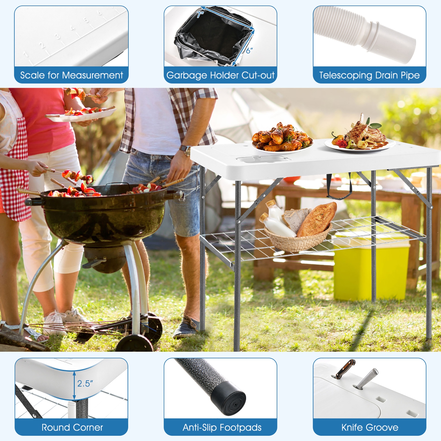 Gymax 2-in-1 Folding Fish Cleaning Table Portable Camping Table w/ Faucet White