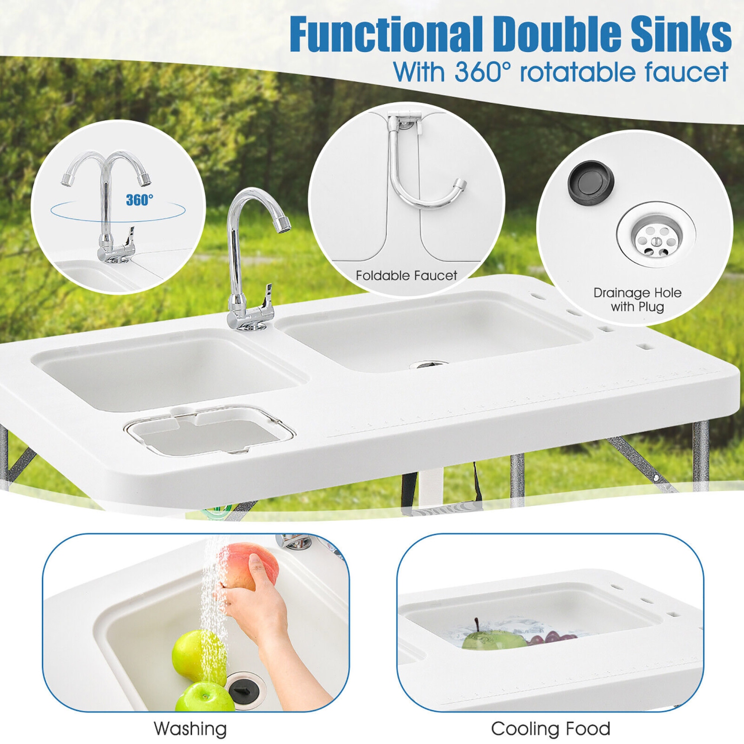 Gymax 2-in-1 Folding Fish Cleaning Table Portable Camping Table w/ Faucet White