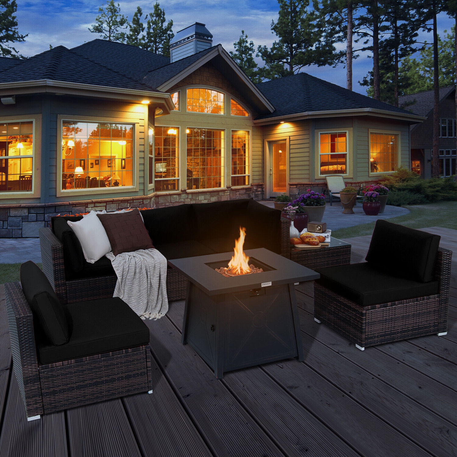 Gymax 7PCS Rattan Patio Sectional Furniture Set w/ 30'' Fire Pit Table & Cushion