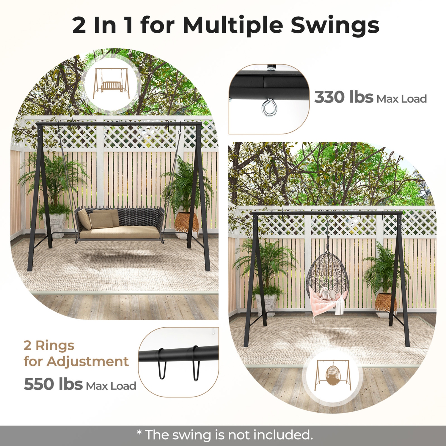 Gymax Metal Porch Swing Stand Heavy Duty Hanging Swing Frame w/ 4 Hanging Rings