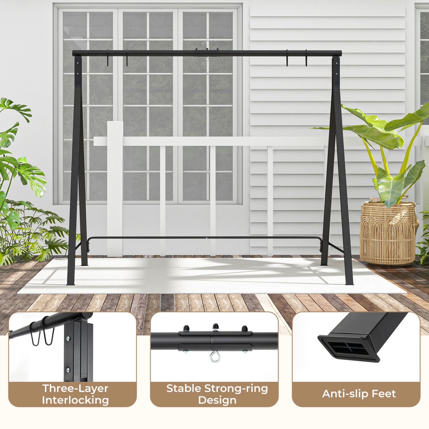 Gymax Metal Porch Swing Stand Heavy Duty Hanging Swing Frame w/ 4 Hanging Rings