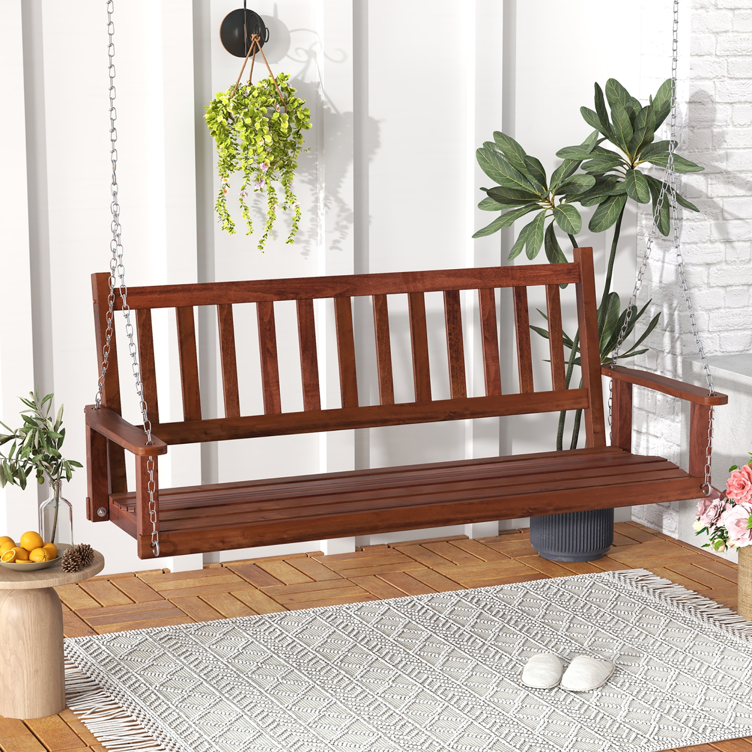 Gymax 5FT Wooden 3-Person Porch Swing Chair w/ Adjustable Galvanized Metal Chains