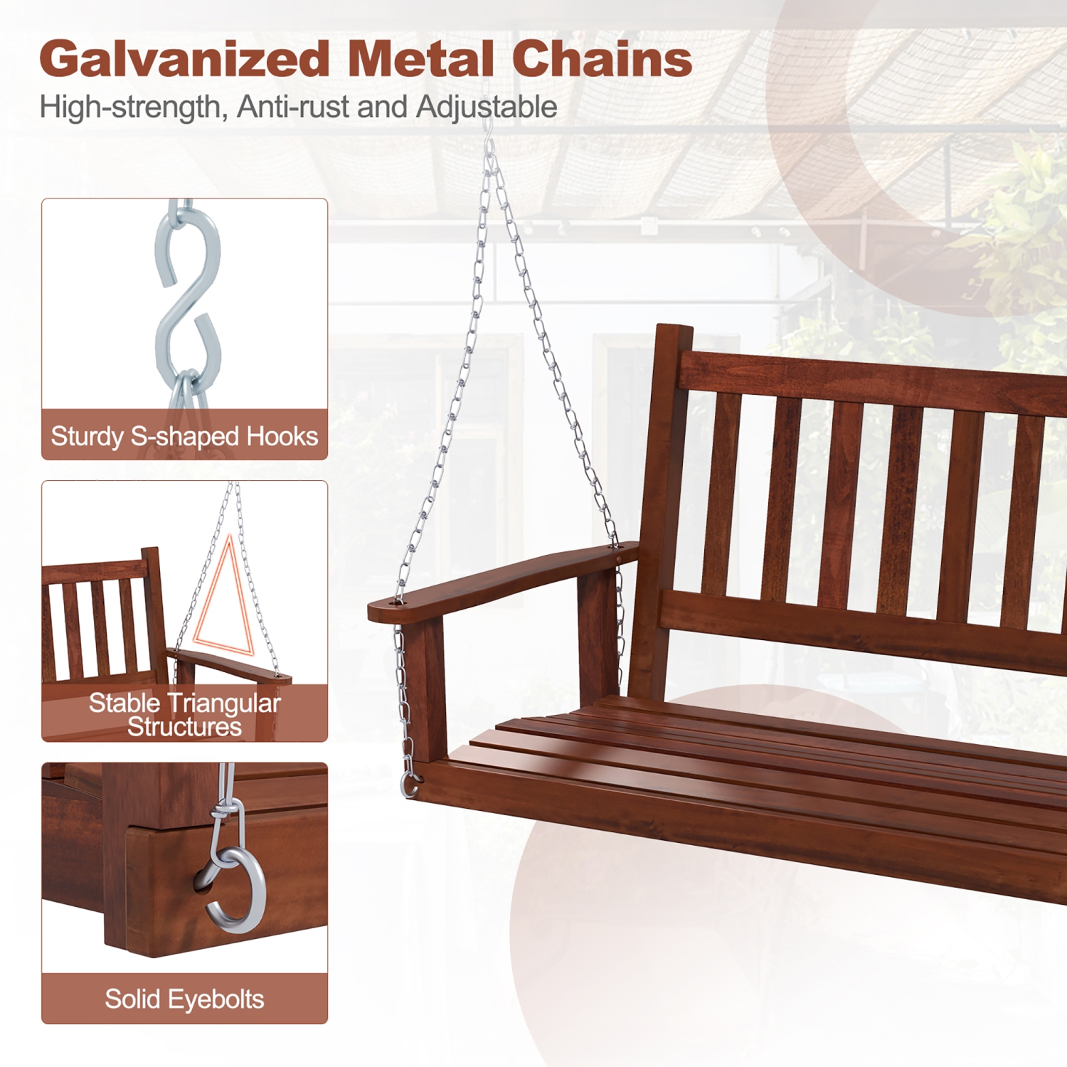 Gymax 5FT Wooden 3-Person Porch Swing Chair w/ Adjustable Galvanized Metal Chains