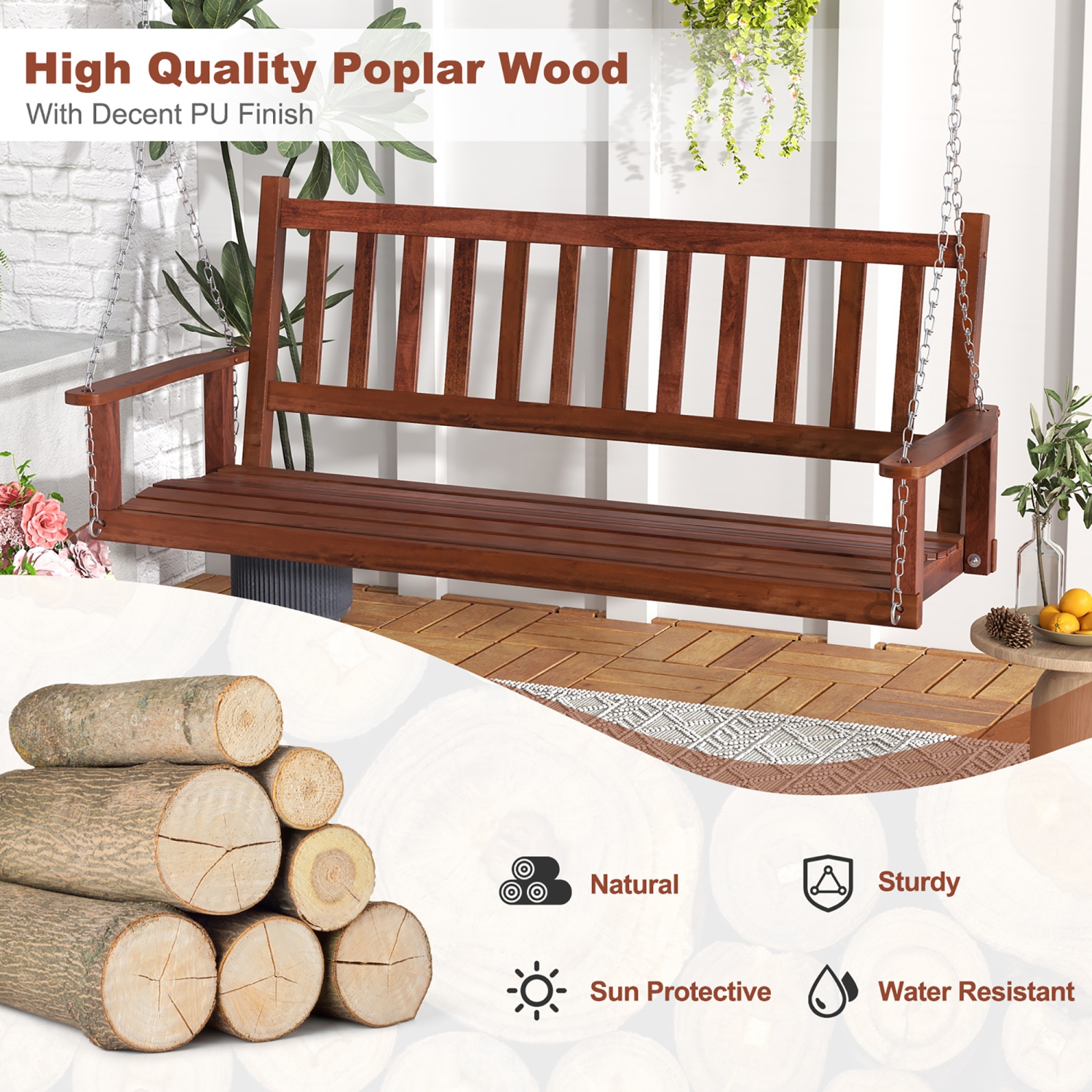 Gymax 5FT Wooden 3-Person Porch Swing Chair w/ Adjustable Galvanized Metal Chains