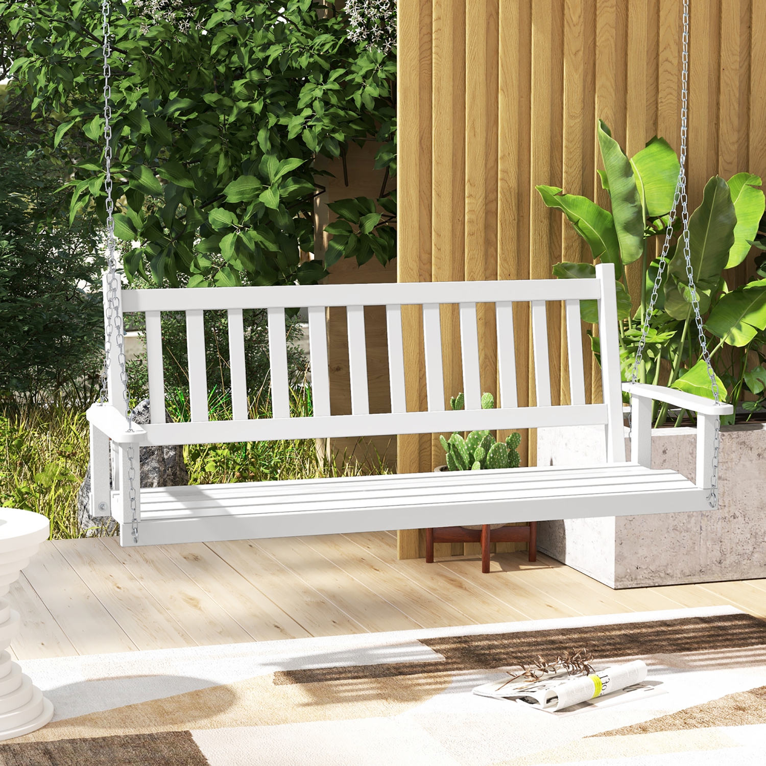 Gymax 5FT Wooden 3-Person Porch Swing Chair w/ Adjustable Galvanized Metal Chains