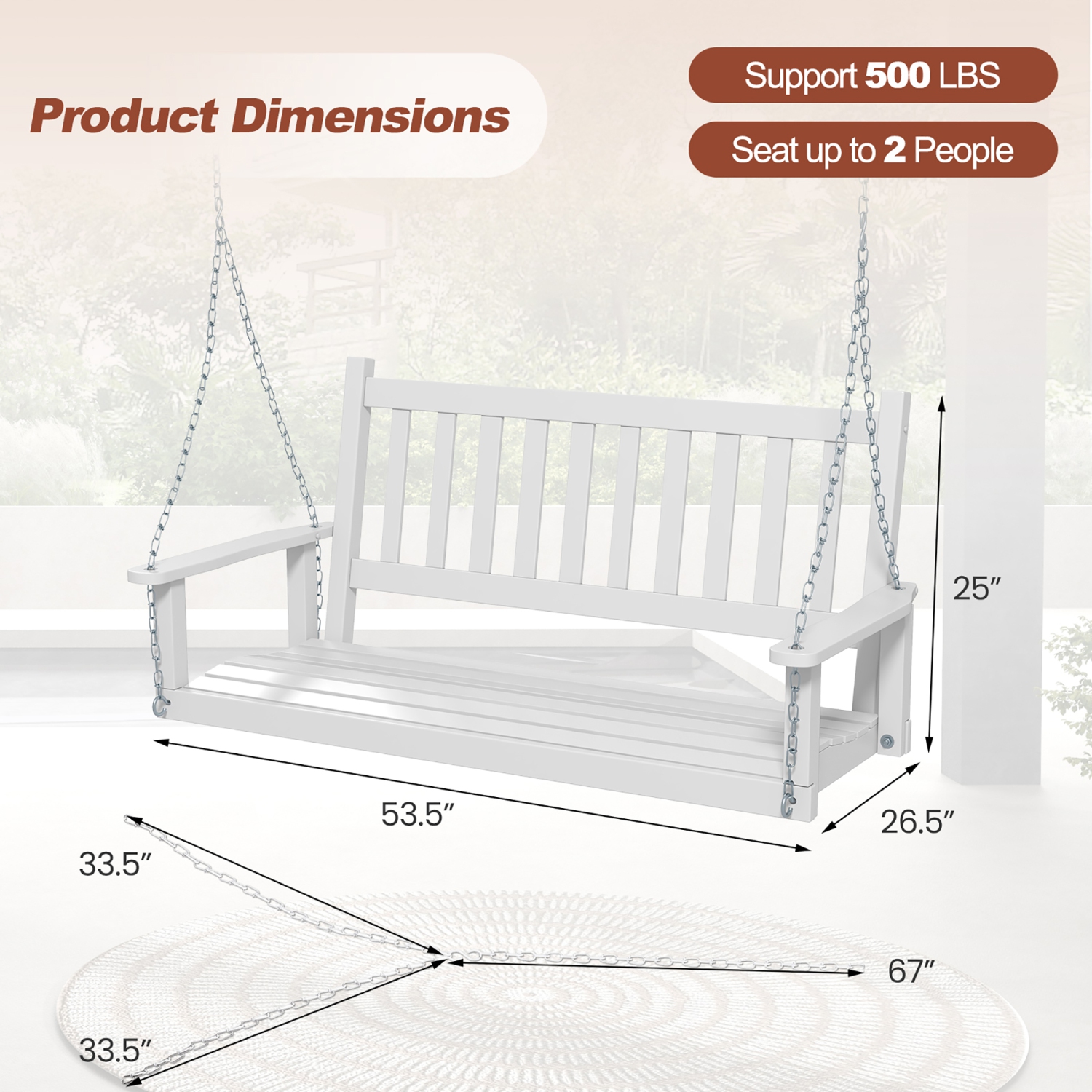 Gymax Wooden Porch Swing 2-Person Hanging Swing Chair w/ Adjustable Galvanized Metal Chains