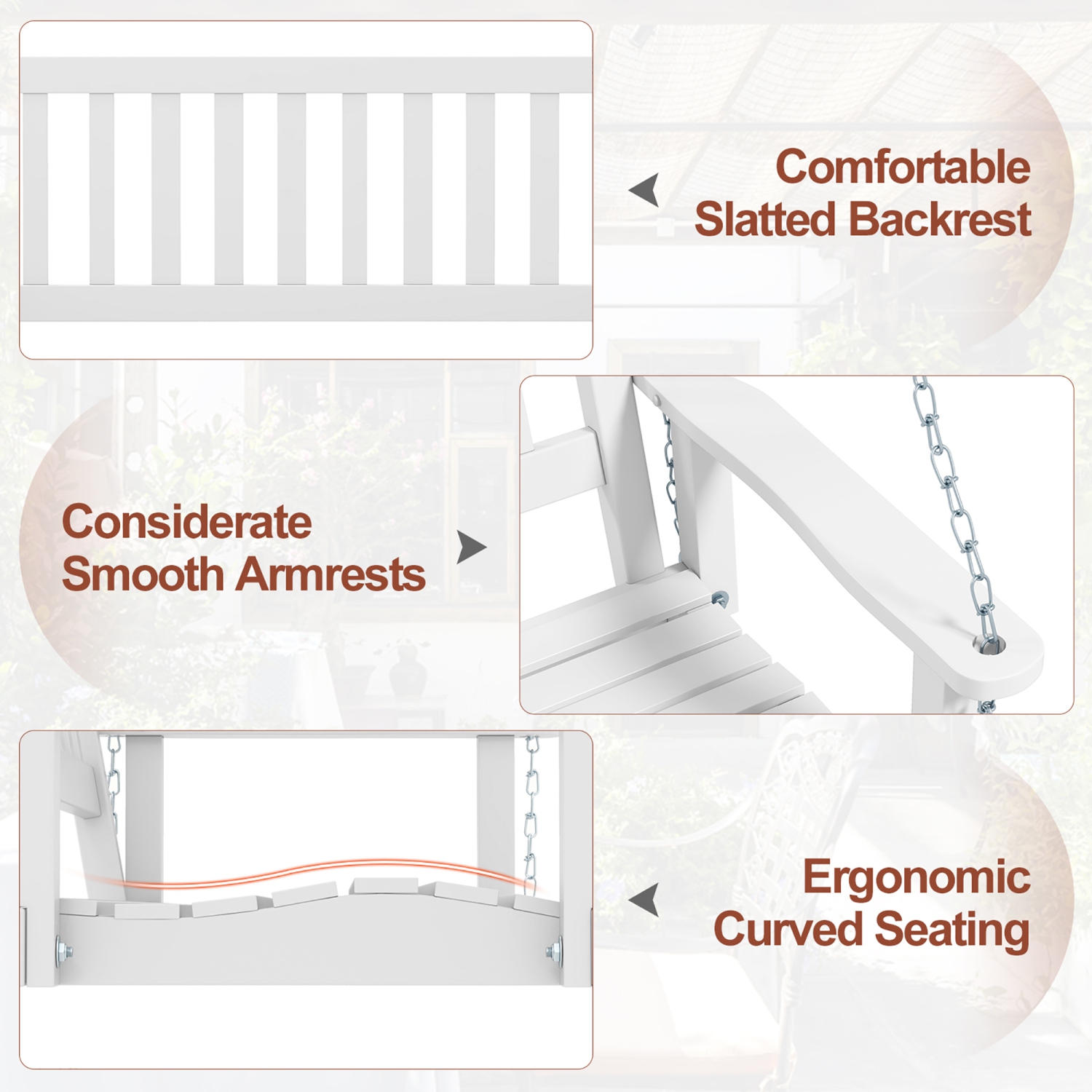 Gymax Wooden Porch Swing 2-Person Hanging Swing Chair w/ Adjustable Galvanized Metal Chains