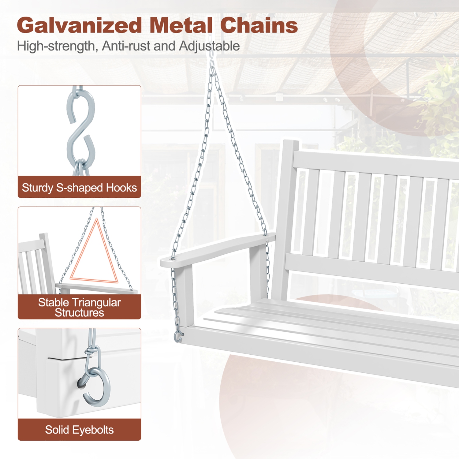 Gymax Wooden Porch Swing 2-Person Hanging Swing Chair w/ Adjustable Galvanized Metal Chains