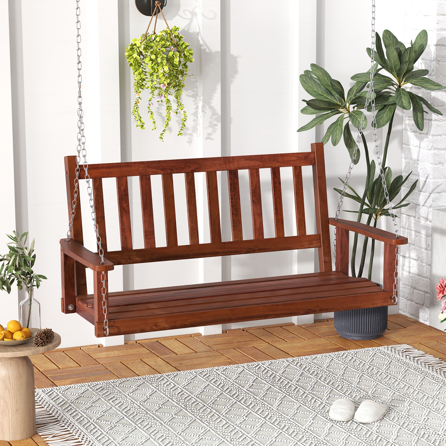 Gymax Wooden Porch Swing 2-Person Hanging Swing Chair w/ Adjustable Galvanized Metal Chains