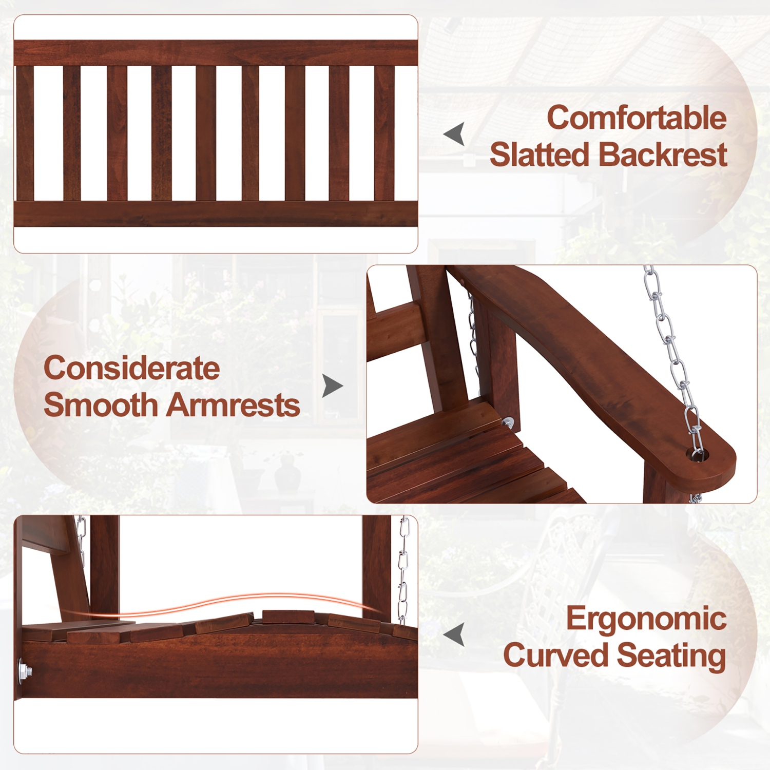 Gymax Wooden Porch Swing 2-Person Hanging Swing Chair w/ Adjustable Galvanized Metal Chains