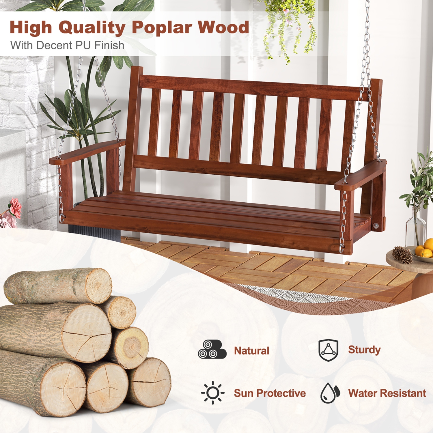 Gymax Wooden Porch Swing 2-Person Hanging Swing Chair w/ Adjustable Galvanized Metal Chains