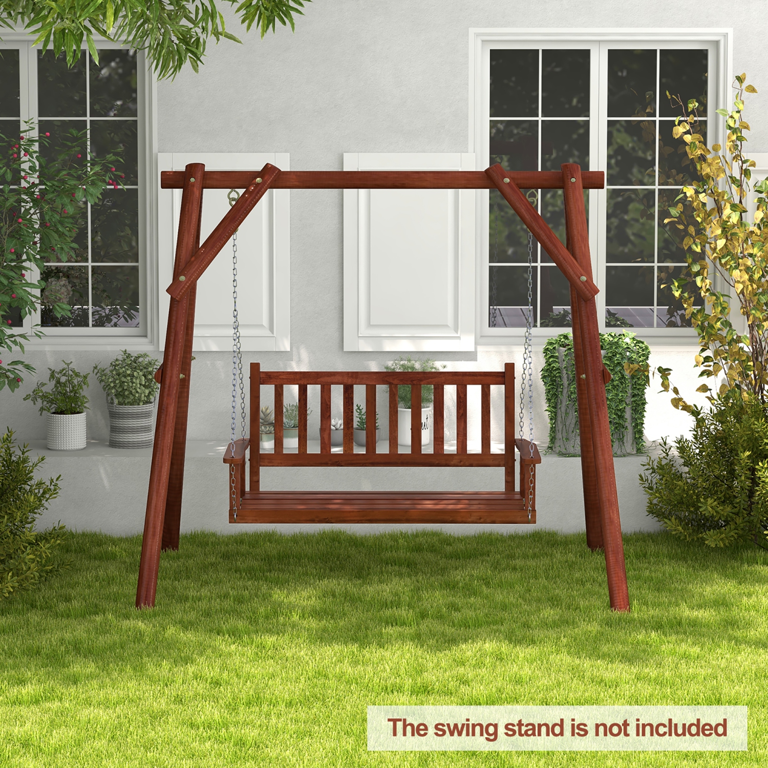 Gymax Wooden Porch Swing 2-Person Hanging Swing Chair w/ Adjustable Galvanized Metal Chains