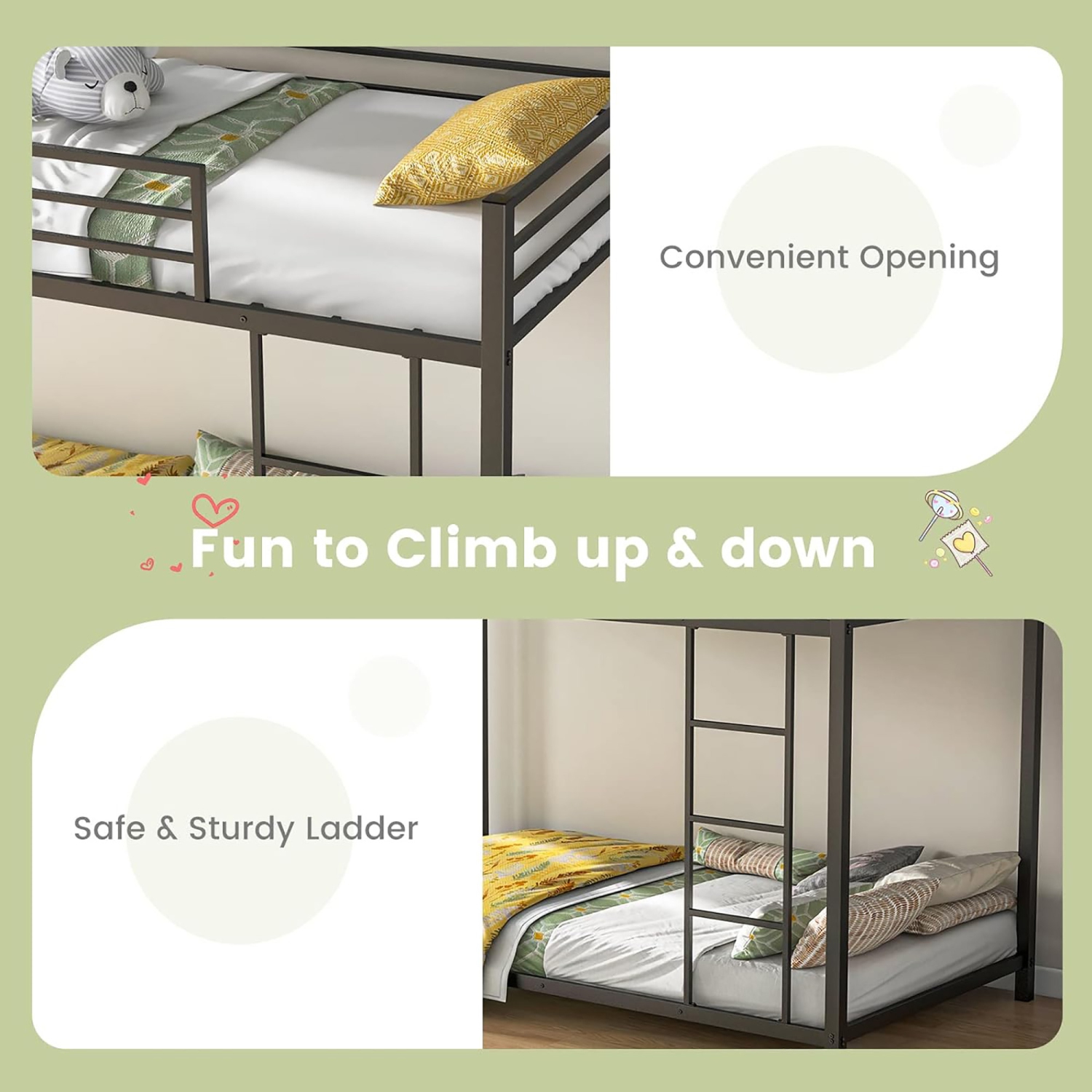 Gymax Twin Over Twin Low Metal Bunk Bed w/ Ladder Guardrails for Teens Adults Black