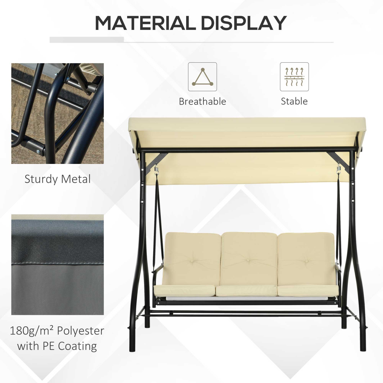 Outsunny 3 Seater Patio Swing Chair Convertible Cushioned Porch Swing Bed Outdoor Swing with Canopy Beige