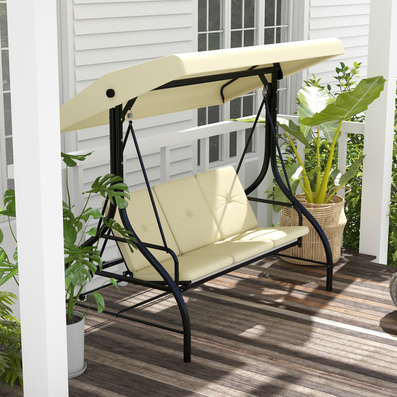 Outsunny 3 Seater Patio Swing Chair Convertible Cushioned Porch Swing Bed Outdoor Swing with Canopy Beige