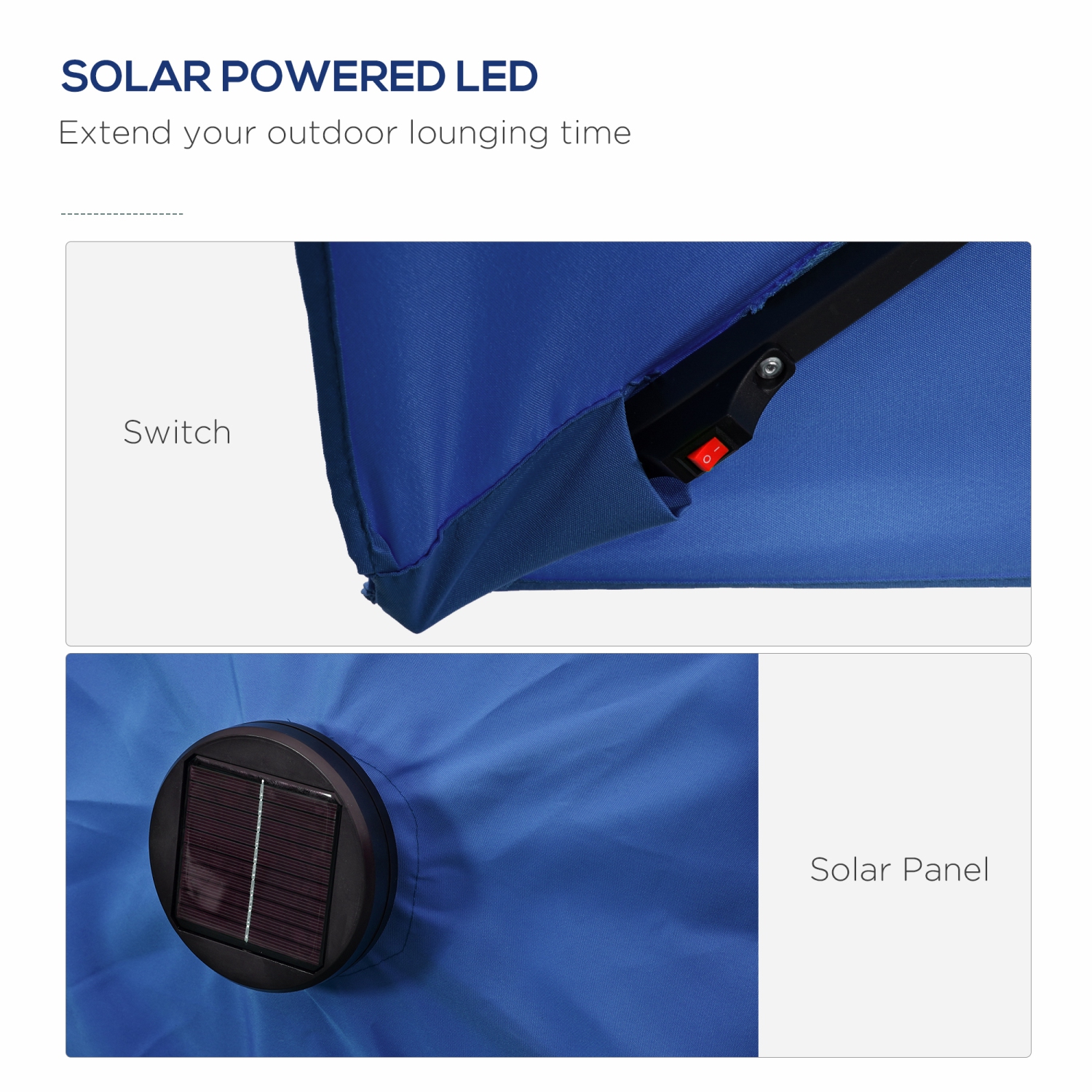 Outsunny 6' x 10' Patio Umbrella with 22 LED Solar Lights and Tilt, Rectangular Outdoor Table Umbrella with Crank, Dark Blue